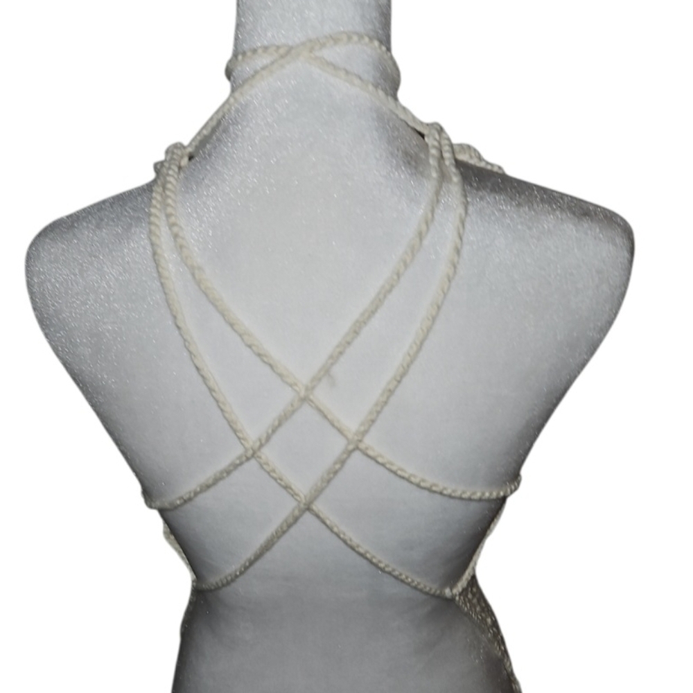 Hand Crafted Crochet Crop-Top Handmade Floral pattern Swim cover-up Cream #752 - Picture 7 of 17